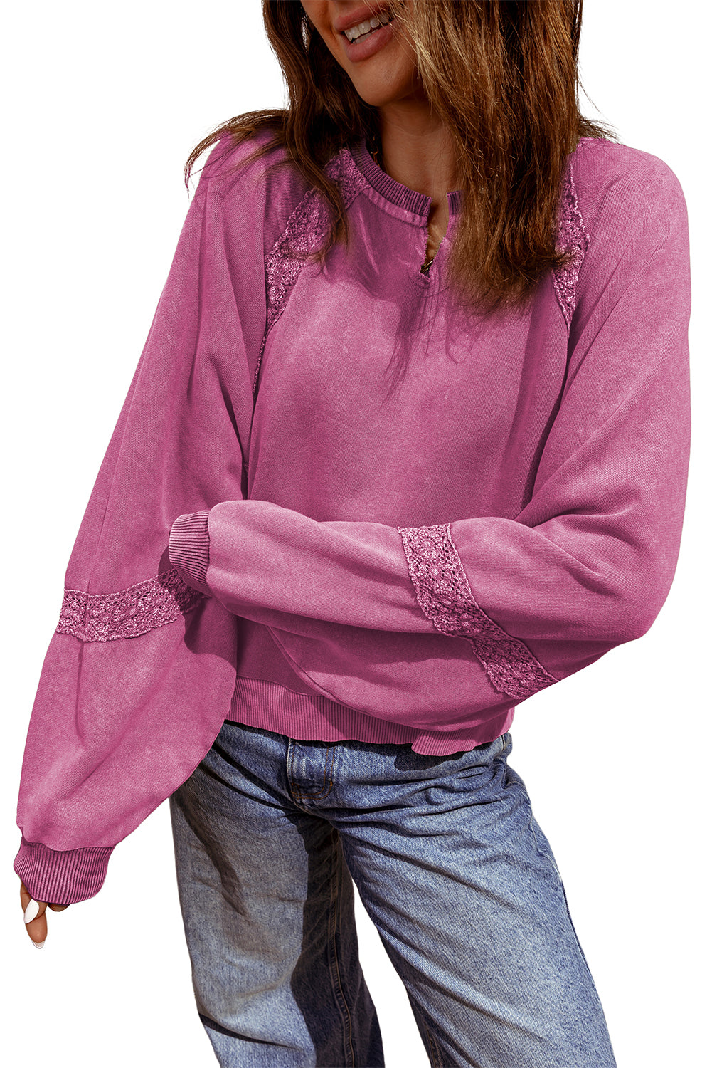 Rose Red Lace Applique Notched Neck Mineral Wash Baggy Sweatshirt