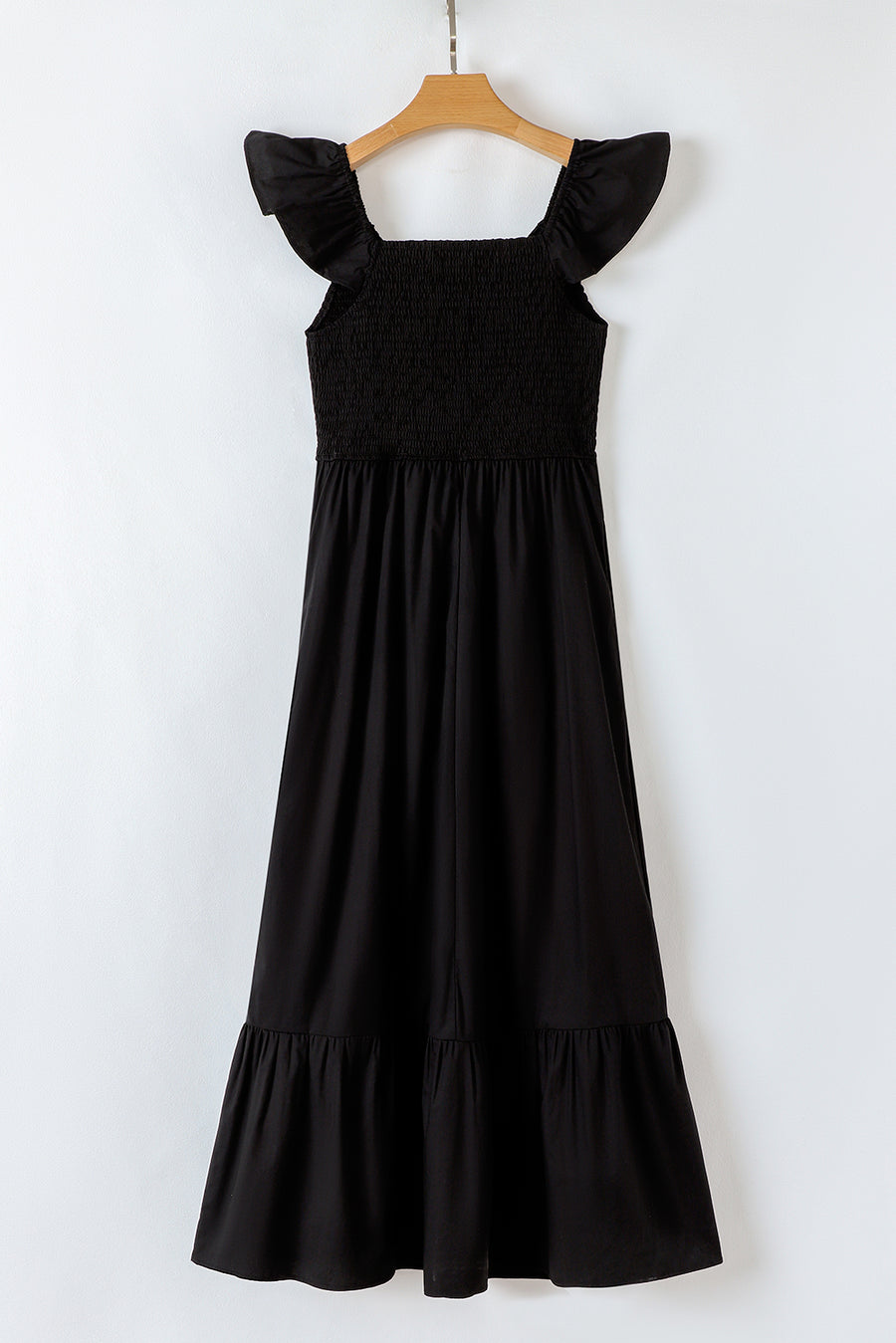 V-Neck Flutter Sleeve Smocked Bodice High Waist Ruffle Maxi Dress with Pockets- 2 Colors