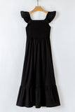 V-Neck Flutter Sleeve Smocked Bodice High Waist Ruffle Maxi Dress with Pockets- 2 Colors