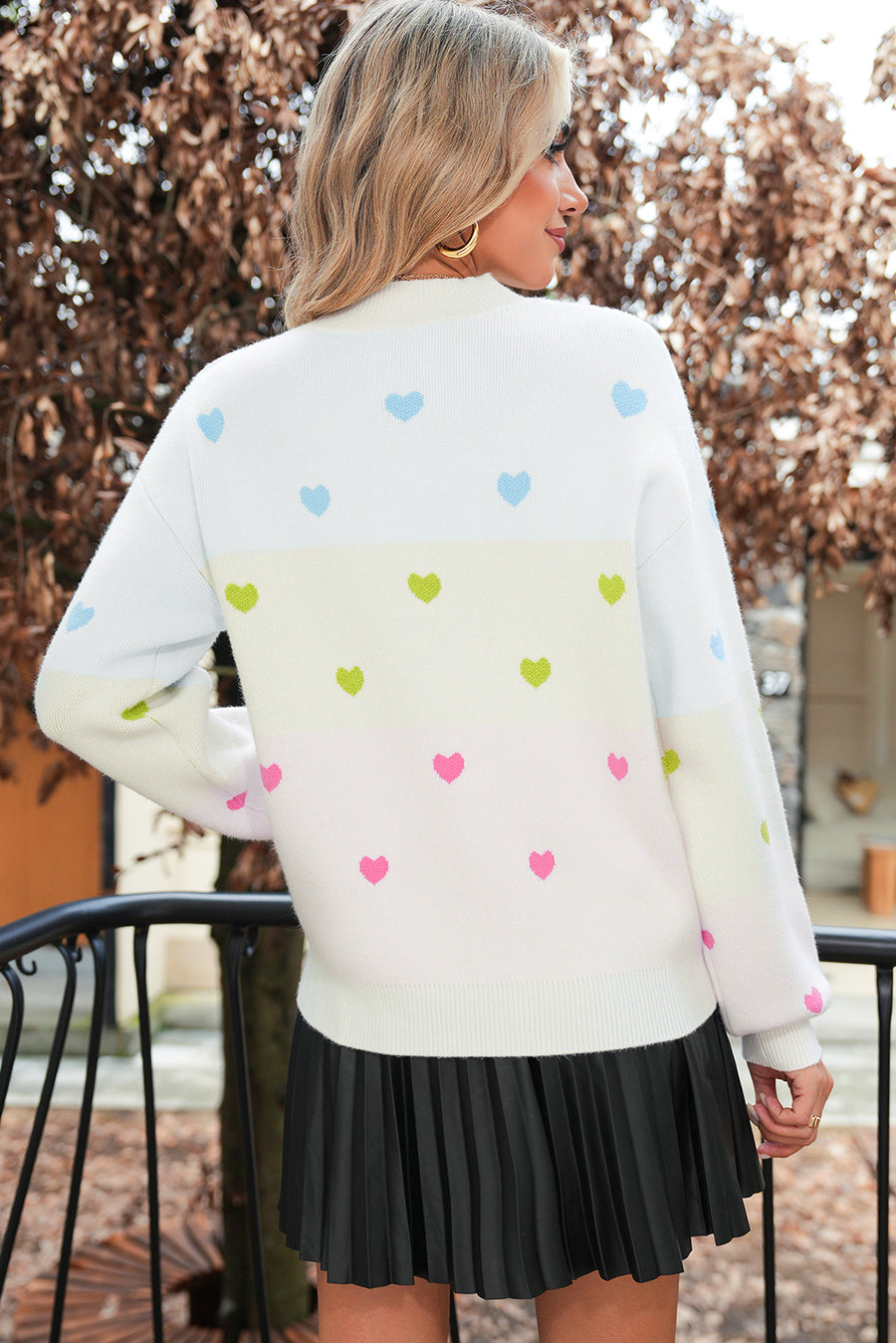 Multicolored Hearts Color Block High Neck Sweater