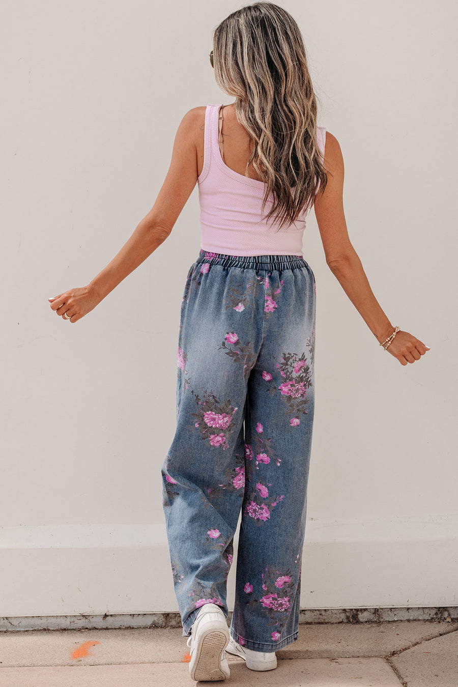 Floral Print Elastic Waist Pull-On Jeans
