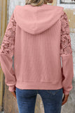 Lace Patchwork Raglan Sleeve Waffle Knit Hoodie with Pockets- 2 Colors