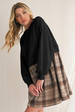 Beige Plaid Patchwork High Waist Sweatshirt Mini Dress