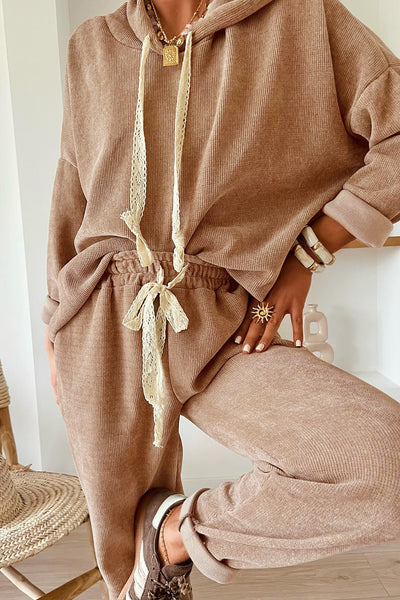 Dark Khaki Drawstring Pullover Hoodie and High Waist Pants Corduroy Suit