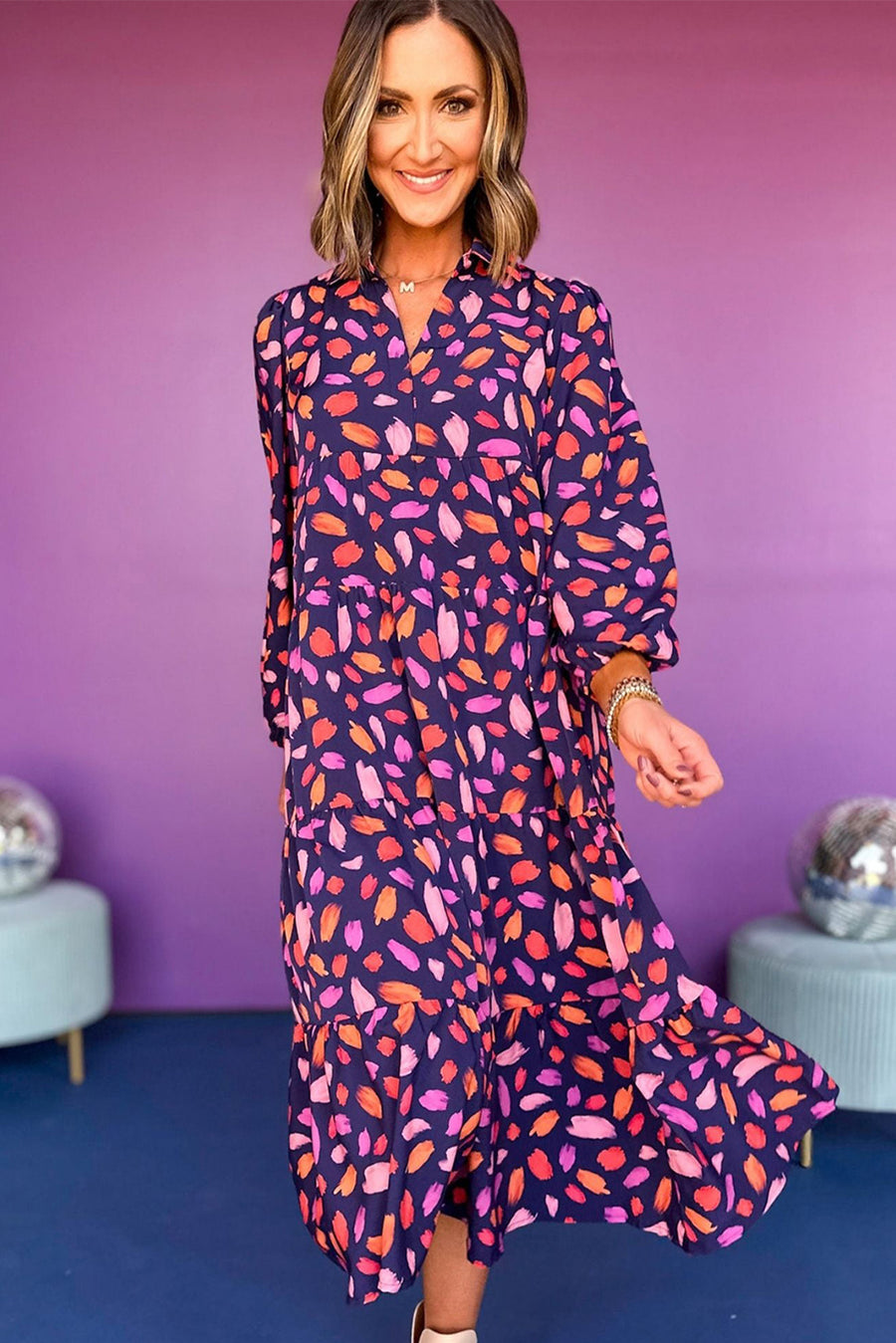Purple and Orange Multi Floral Print Collared Tiered Flowy Long Sleeve Maxi Dress- 2 Colors