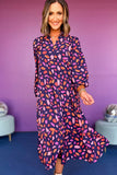 Purple and Orange Multi Floral Print Collared Tiered Flowy Long Sleeve Maxi Dress- 2 Colors