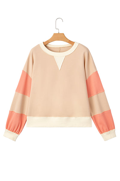 Light French Beige Waffle Textured Patchwork Pullover Sweatshirt