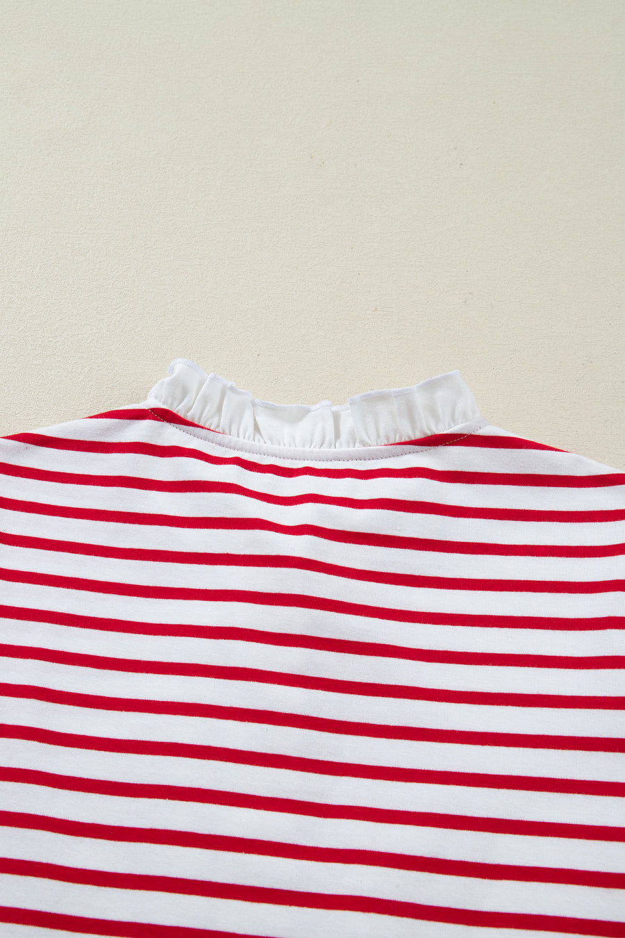 Red Stripe Contrast Frill Neck Half Button-Up Long Sleeve Top
