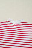 Red Stripe Contrast Frill Neck Half Button-Up Long Sleeve Top