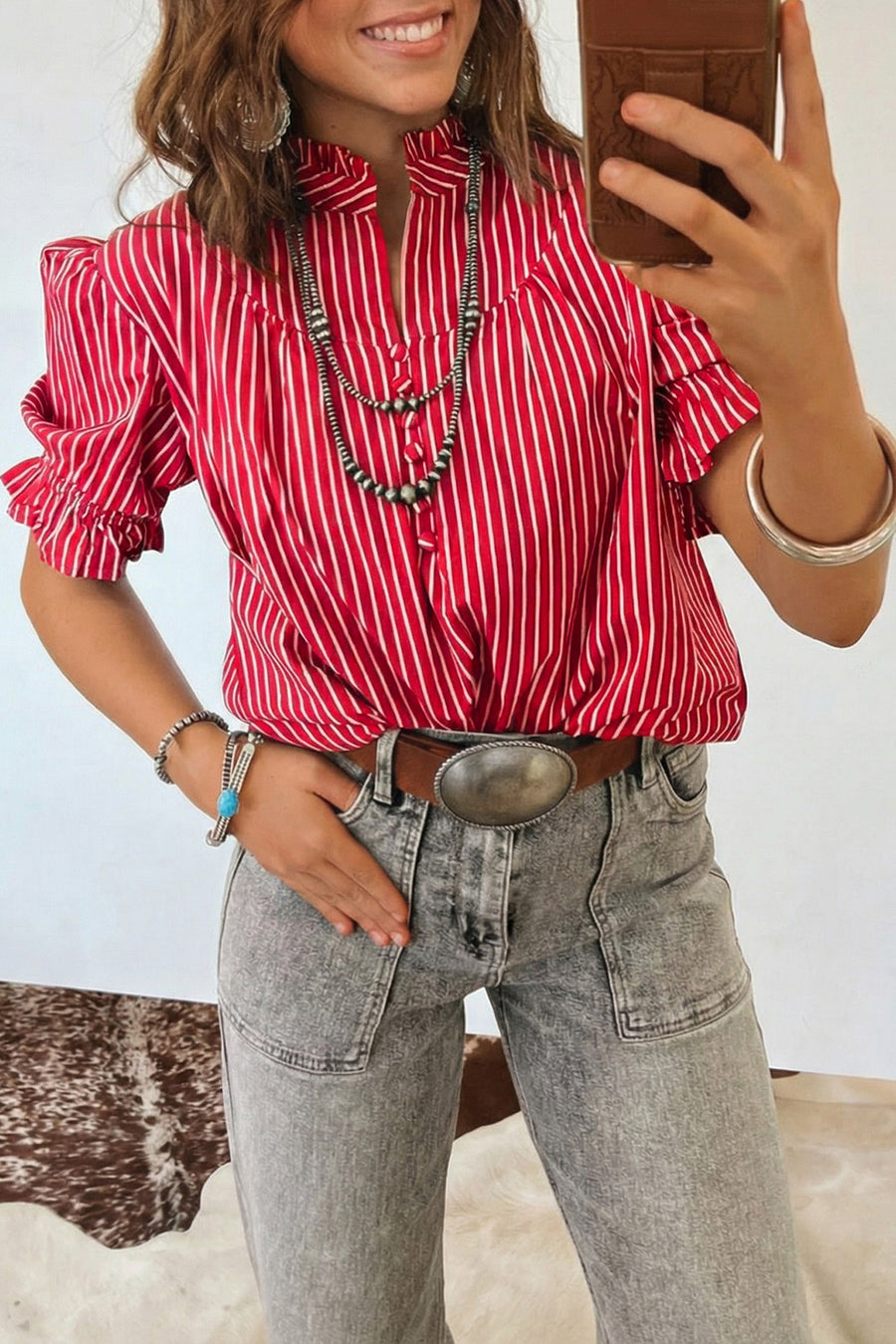 Striped Frill Neck Ruffled Short Puff Sleeve Button-Up Blouse- 2 Colors