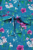 Blue Floral Flutter Sleeve Tie Neck Belted Midi Dress