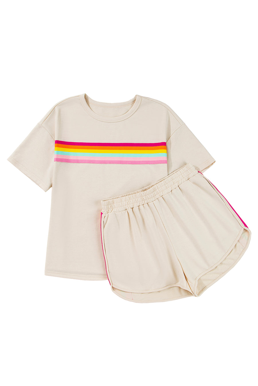Beige Rainbow Striped T-Shirt and Short Set