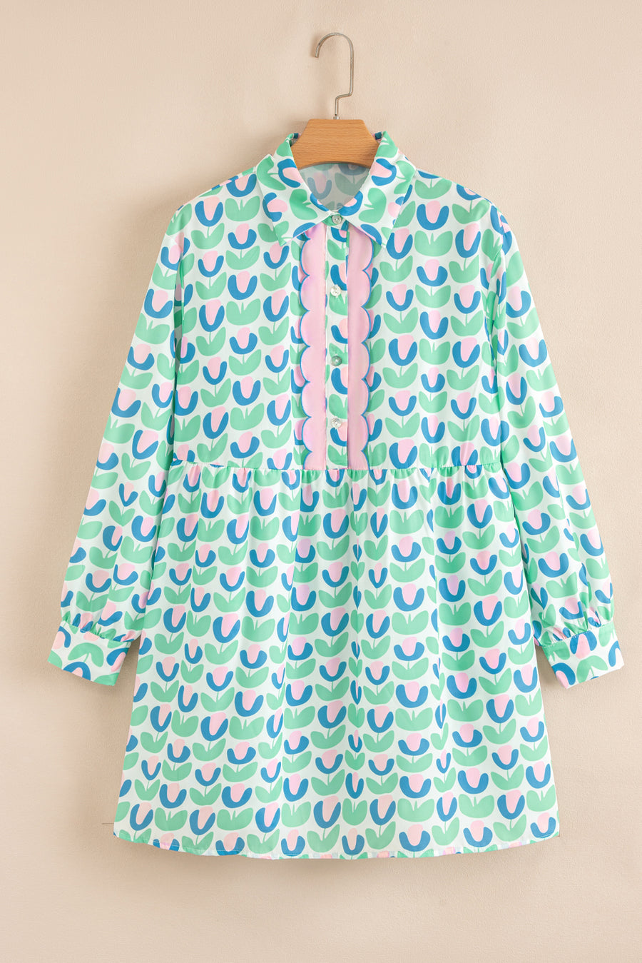 Mint Floral Print Scallop Trim Long Sleeve Mini Dress with Pockets
