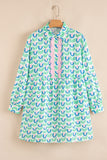 Mint Floral Print Scallop Trim Long Sleeve Mini Dress with Pockets