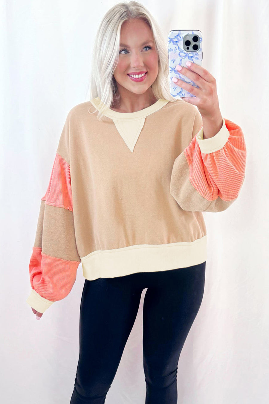 Beige Multi Waffle Knit Patchwork Color Block Pullover Sweatshirt