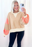 Beige Multi Waffle Knit Patchwork Color Block Pullover Sweatshirt