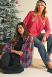 Red Plaid Print Drop Sleeve Loose Shirt Shacket