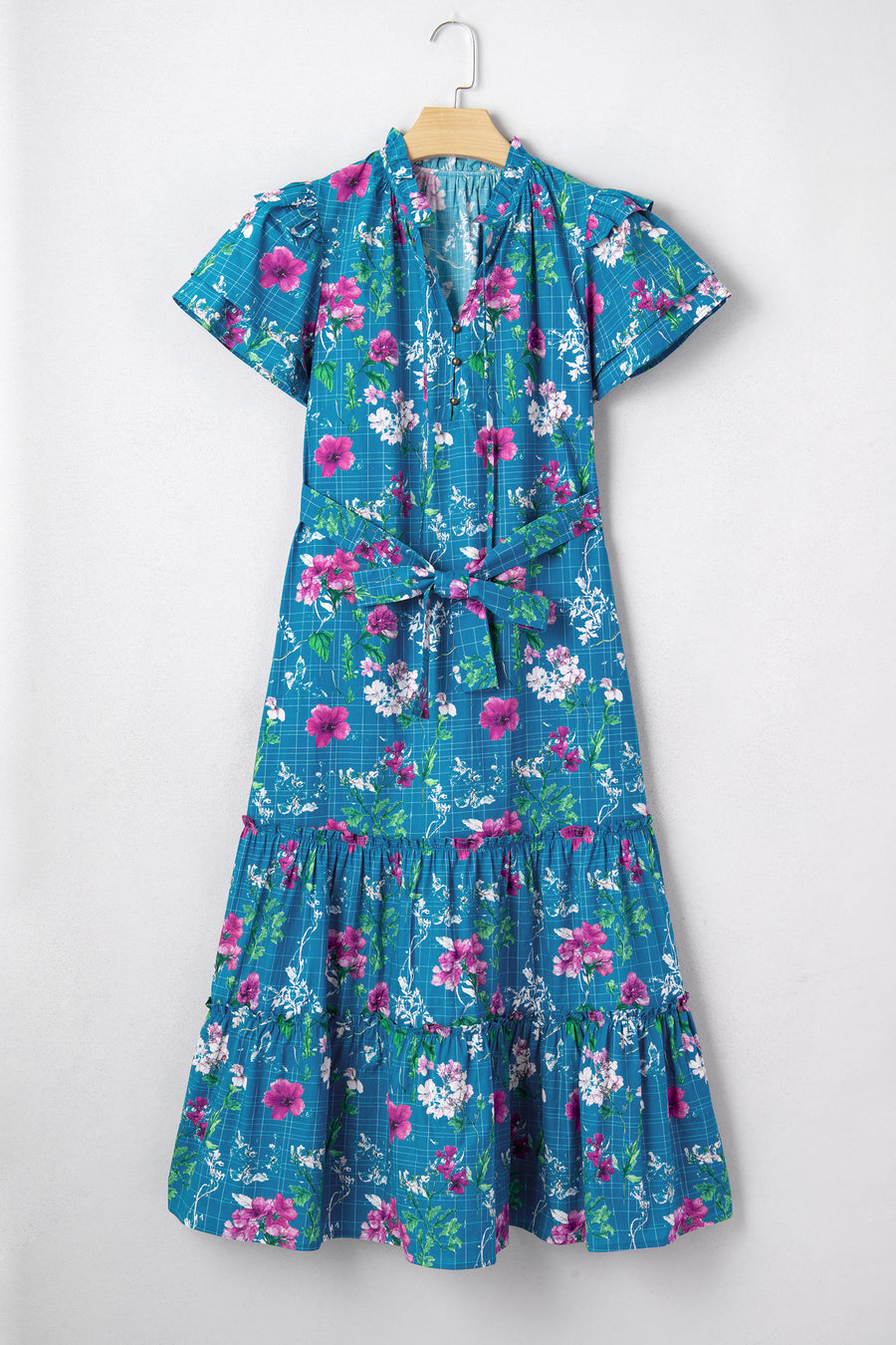 Blue Floral Flutter Sleeve Tie Neck Belted Midi Dress