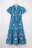 Blue Floral Flutter Sleeve Tie Neck Belted Midi Dress