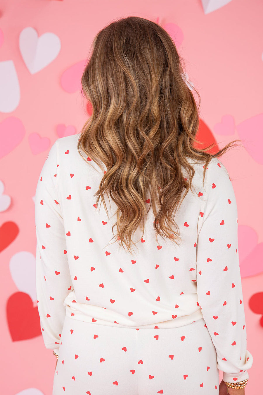 Red Heart Print Long Sleeve Crew Neck Top and Pants Set