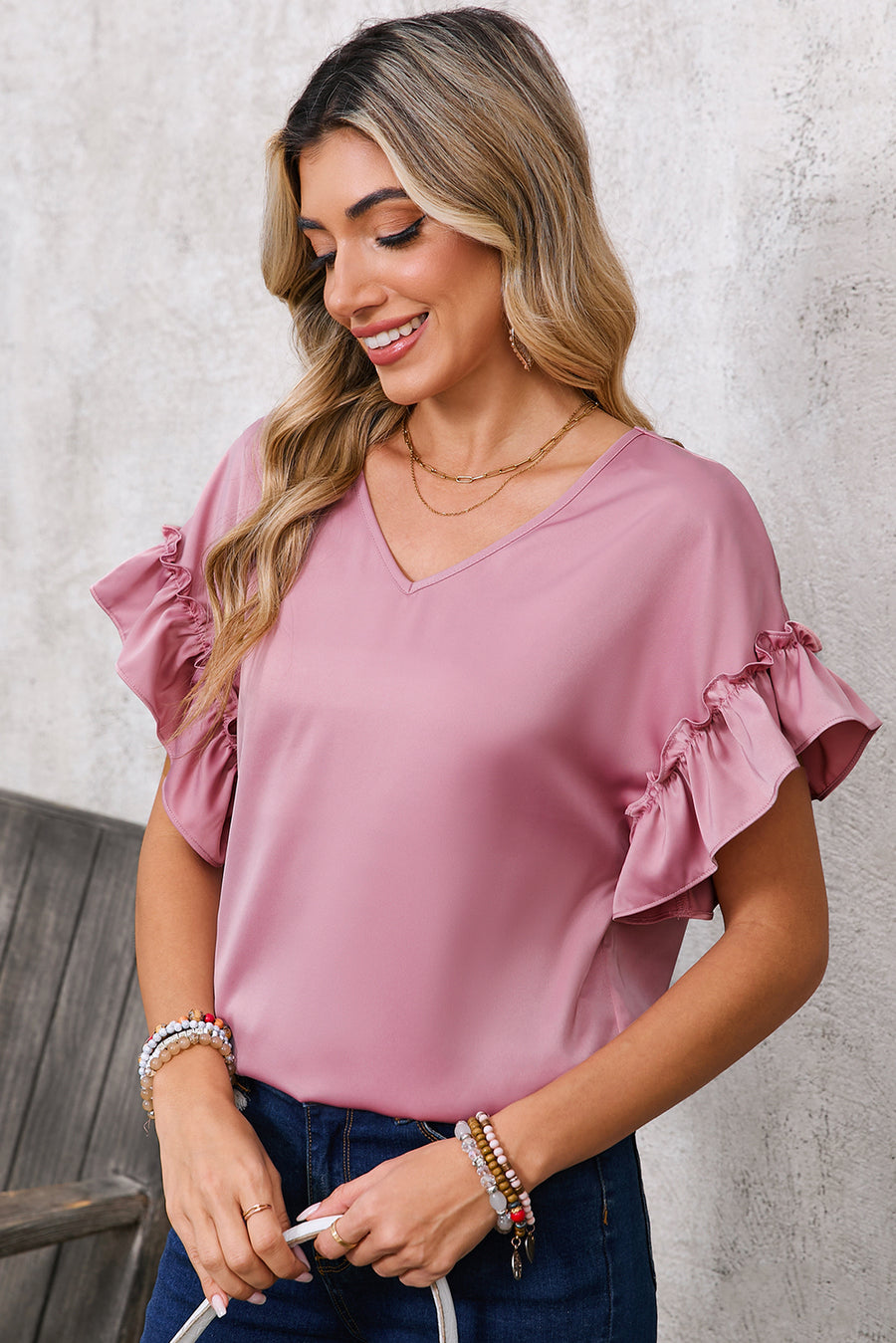 Toadstool Satin Ruffle Sleeve V-Neck Blouse