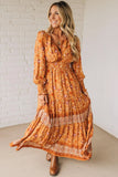 Orange Bohemian Floral Print Smocked Waist Long Sleeve Maxi Dress
