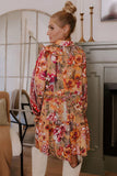 Brown Floral Print Shirt Style Long Sleeve Ruffle Mini Dress
