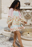 Pink Boho Floral and Plaid Patchwork Ricrac Lantern Sleeve Dress