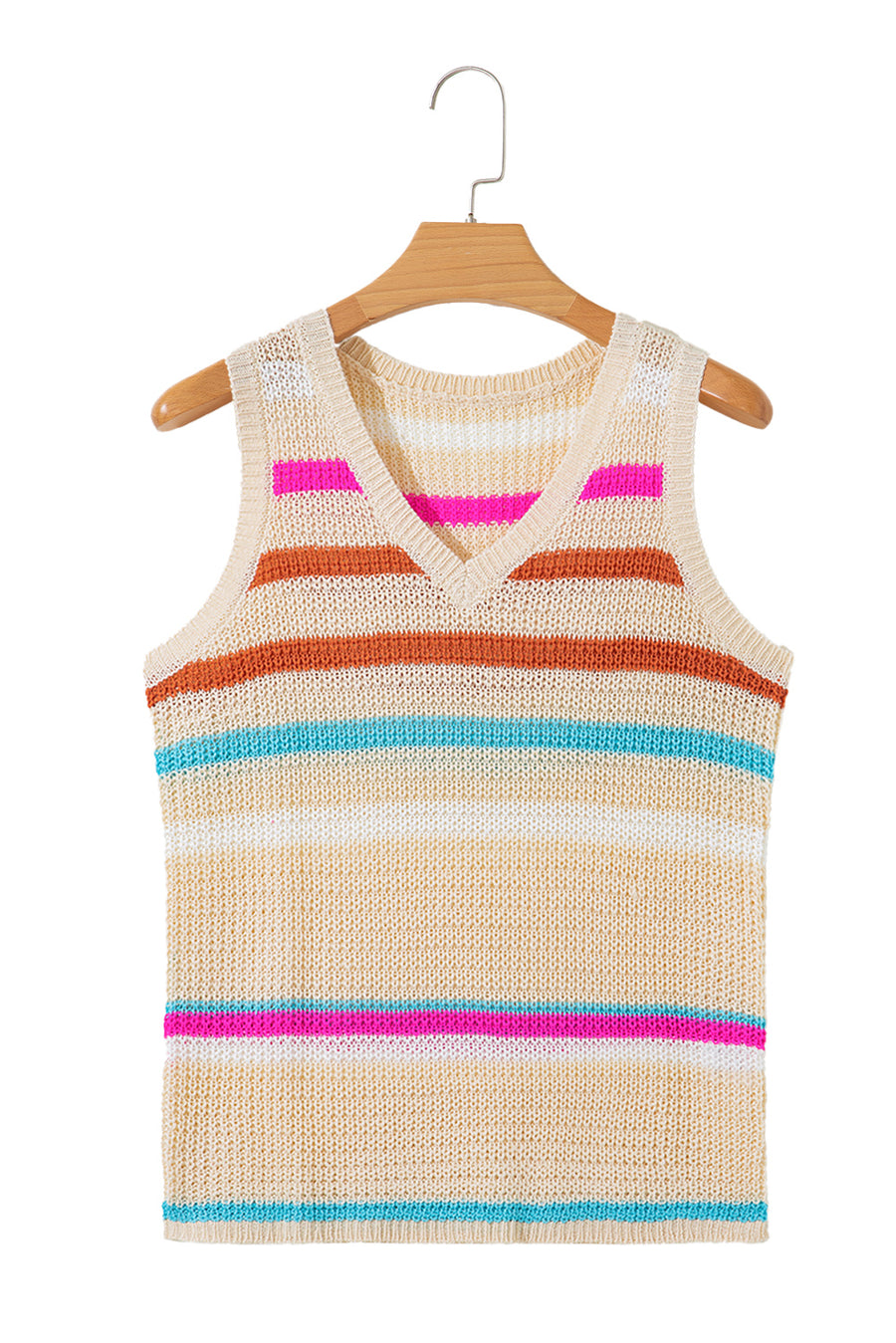 Khaki Striped V-Neck Textured Knit Vest