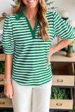 Green Striped Collared V-Neck Short Puff Sleeve Top