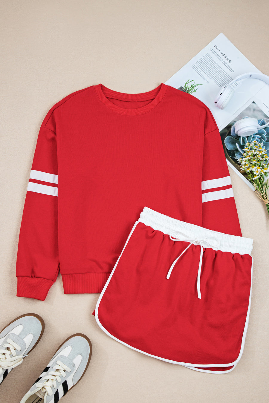 Varsity Striped Drop Shoulder Pullover Sweatshirt & Mini Skort Set- 6 Colors