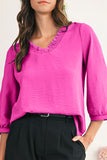 Frill V-Neck Lantern Sleeve Crinkled Blouse- 3 Colors