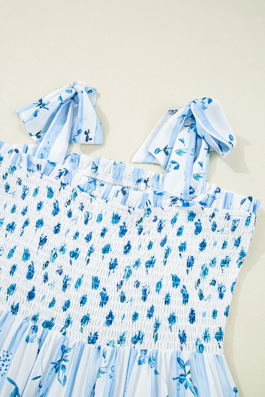 Blue Floral Striped Smocked A-Line Tie Strap Maxi Dress