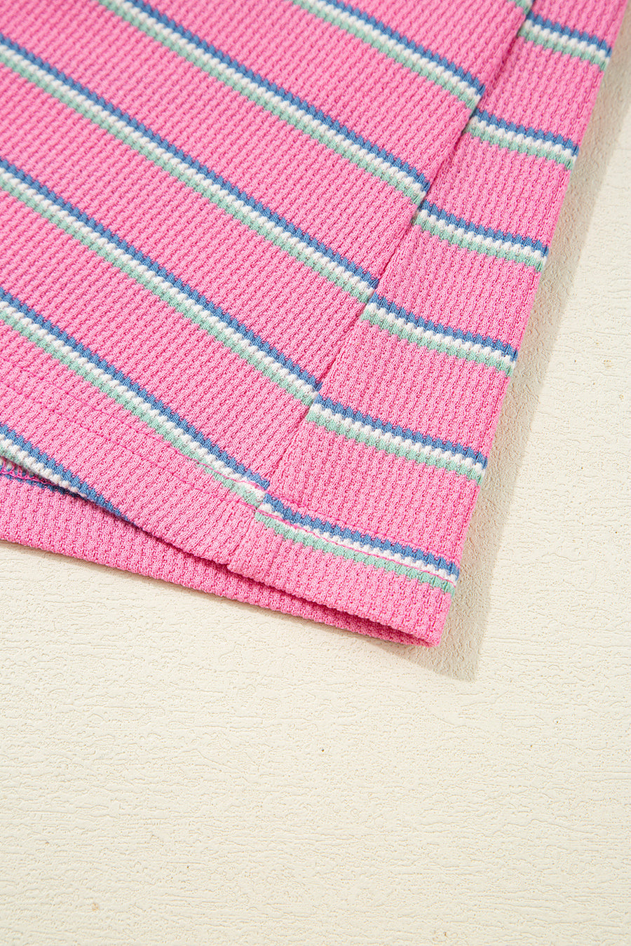 Pink Striped Textured Knit Puff Sleeve Crew Neck Top