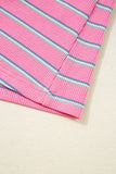 Pink Striped Textured Knit Puff Sleeve Crew Neck Top