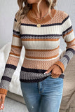 Brown Multi Striped Chevron Pattern Knit Ribbed Trim Slim Fit Sweater