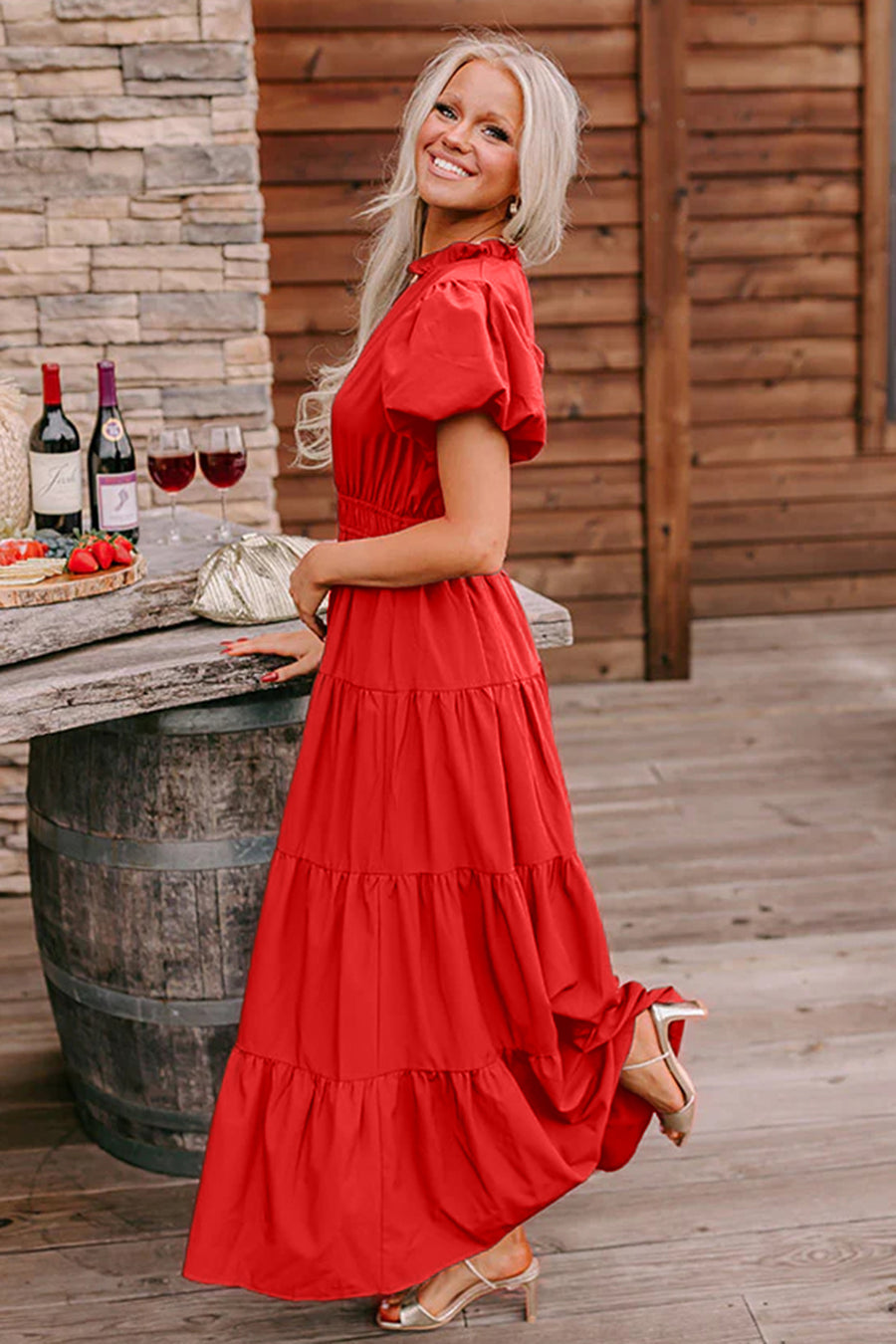 V-Neck Puff Sleeve High-Waist Tiered Maxi Dress- 3 Colors