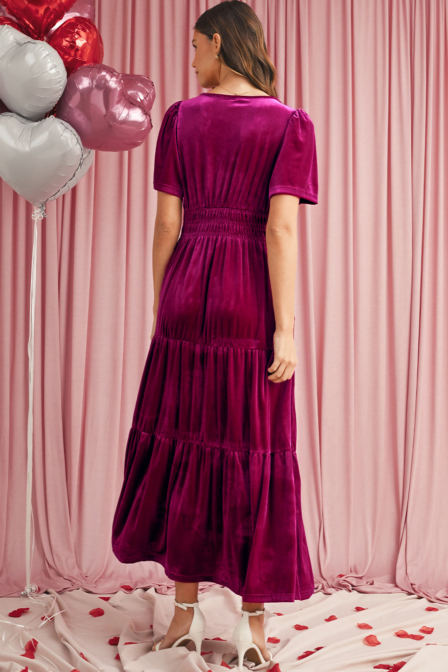Velvet Puff Short Sleeve Smocked Waist Tiered Maxi Dress with Pockets- 3 Colors