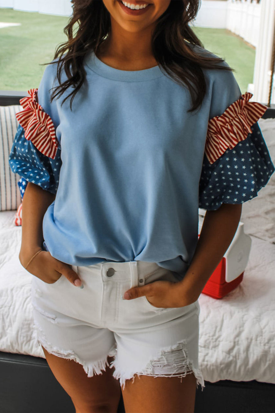 Stars and Stripes Contrast Puff Sleeve Top- 2 Colors