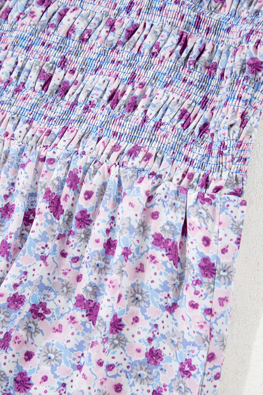 Purple Floral Short Bubble Sleeve Smocked High Waist Maxi Dress