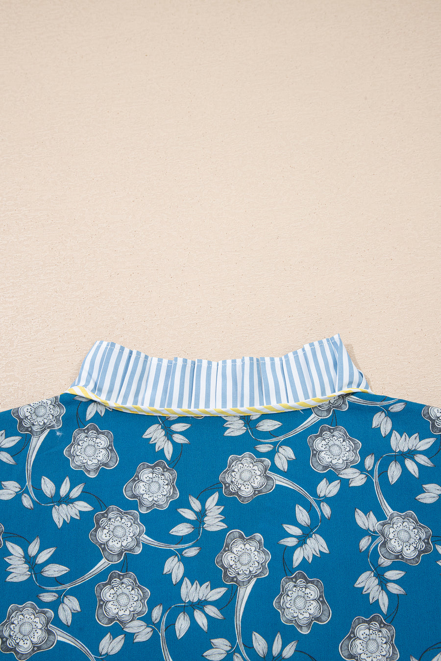 Blue Floral Striped Frill Neck Button-Up Short Sleeve Mini Dress