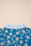 Blue Floral Striped Frill Neck Button-Up Short Sleeve Mini Dress