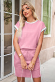 Contrast Trim Textured Crew Neck Top and Pocketed Skirt Set- 2 Colors