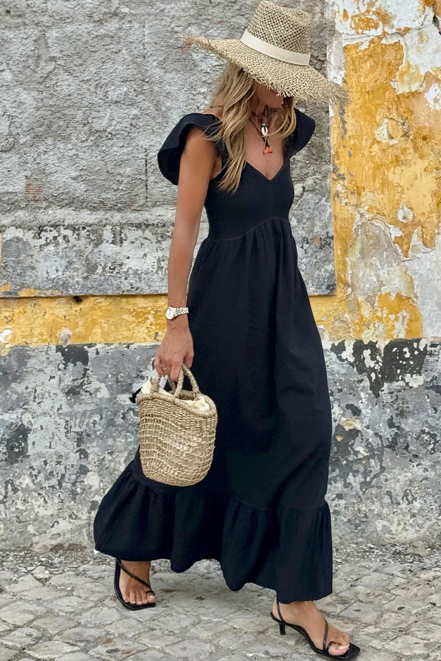 V-Neck Flutter Sleeve Smocked Bodice High Waist Ruffle Maxi Dress with Pockets- 2 Colors