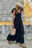 V-Neck Flutter Sleeve Smocked Bodice High Waist Ruffle Maxi Dress with Pockets- 2 Colors