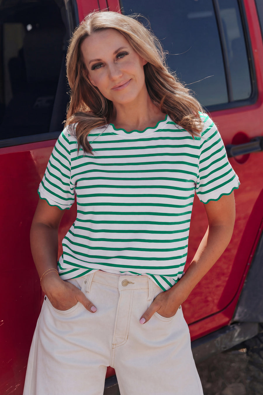 Striped Scalloped Trim Crew Neck Short Sleeve T-Shirt- 5 Colors