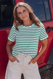 Striped Scalloped Trim Crew Neck Short Sleeve T-Shirt- 5 Colors