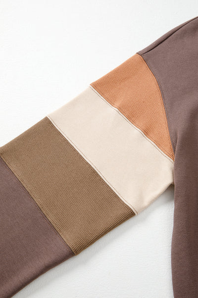 Dark Khaki Colorblock Drop Shoulder Pullover Casual Sweatshirt