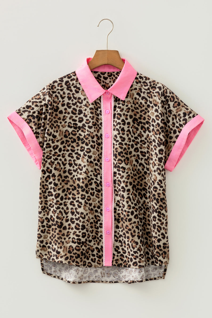 Leopard Print Contrast Trim Short Sleeve Button-Up Shirt