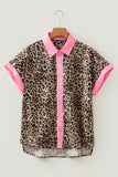 Leopard Print Contrast Trim Short Sleeve Button-Up Shirt